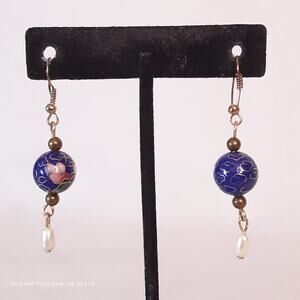 Dangle Drop Earrings Floral Navy Cloisonne Balls And Pearly Beads